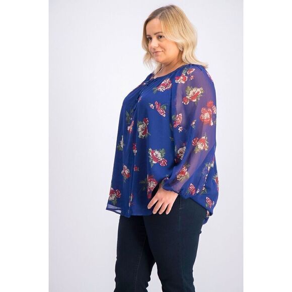 Lucky Brand 2X Womens Plus Size Floral Print Slash Neck Pullover Top, Blue - Picture 4 of 8